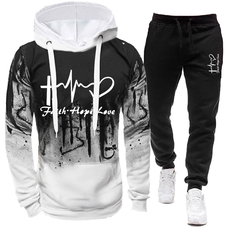 Men's camouflage printed hoodie set casual two-piece long sleeved pullover hoodie long pants set men's sportswear jogging set