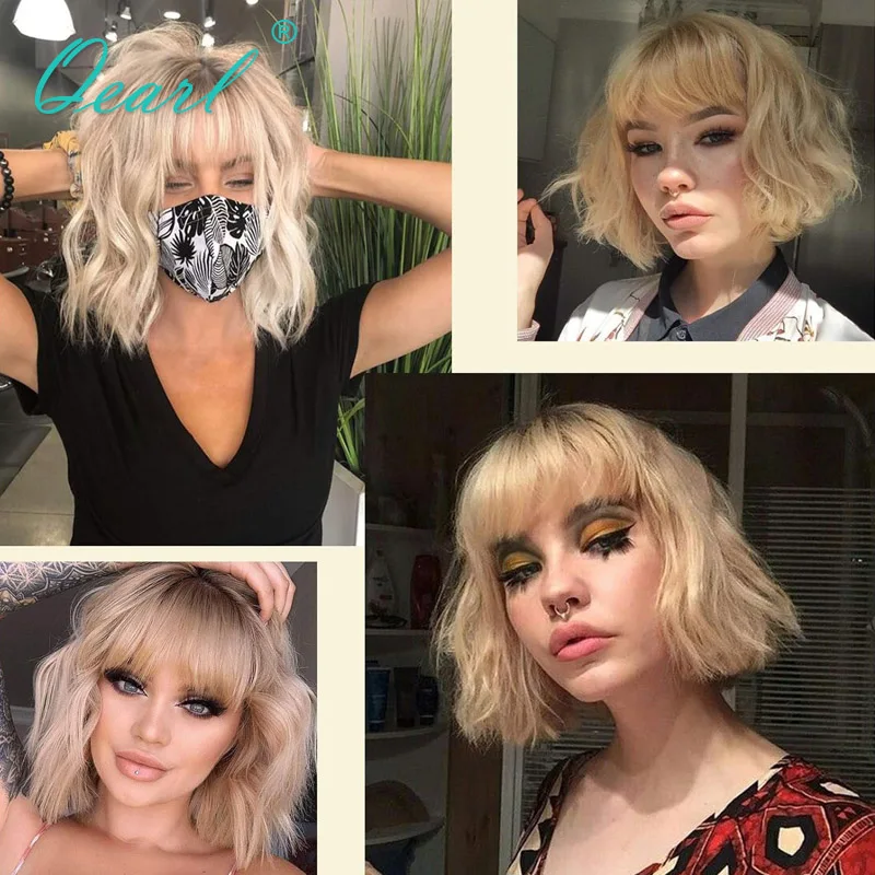 Synthetic Lace Front Wig For Women Ombre Blonde Short Wavy With Bangs Pre Plucked Heat Resistant Glueless