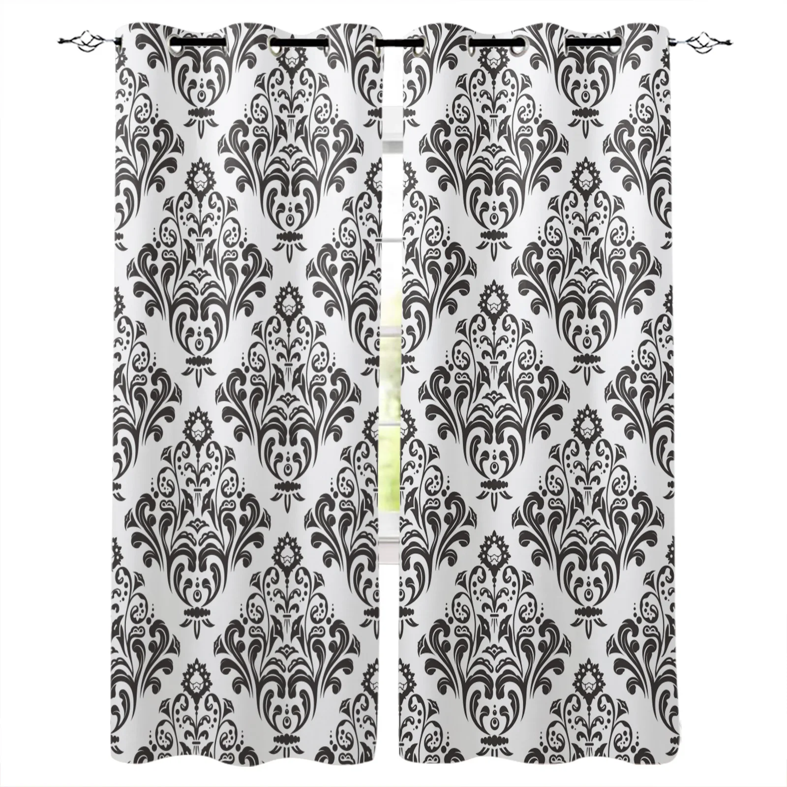 

Black and White Baroque Pattern Flower Vine Blackout Curtains Window Curtains for Bedroom Living Room Decor Window Treatments