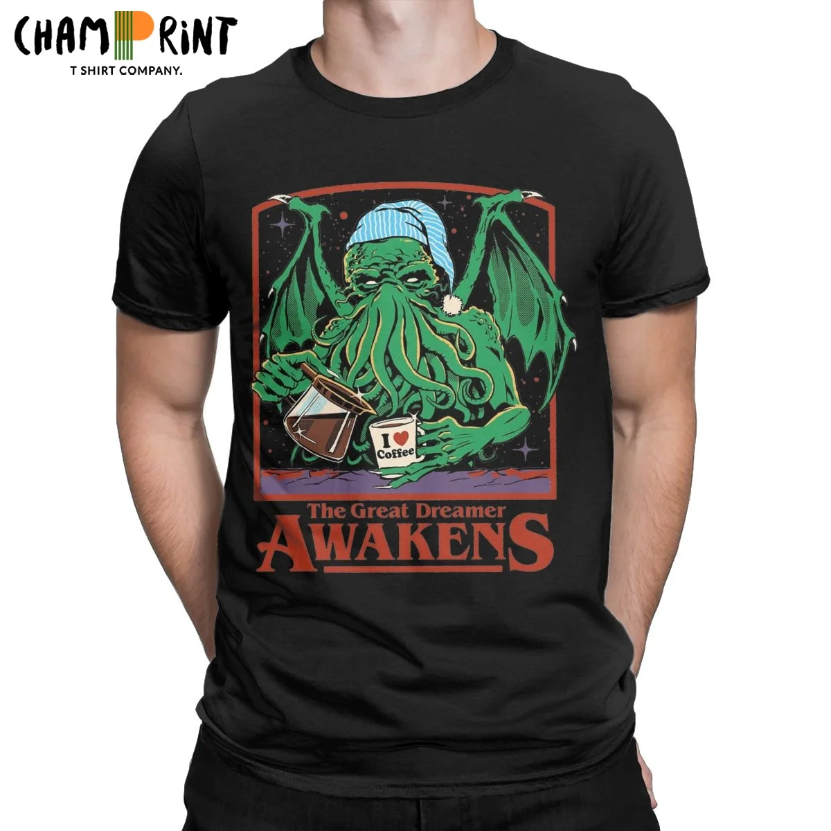 

The Great Dreamer T Shirts Men's Cotton Awesome T-Shirts O Neck Funny Cthulhu With Coffee Tees Short Sleeve Clothing Gift Idea