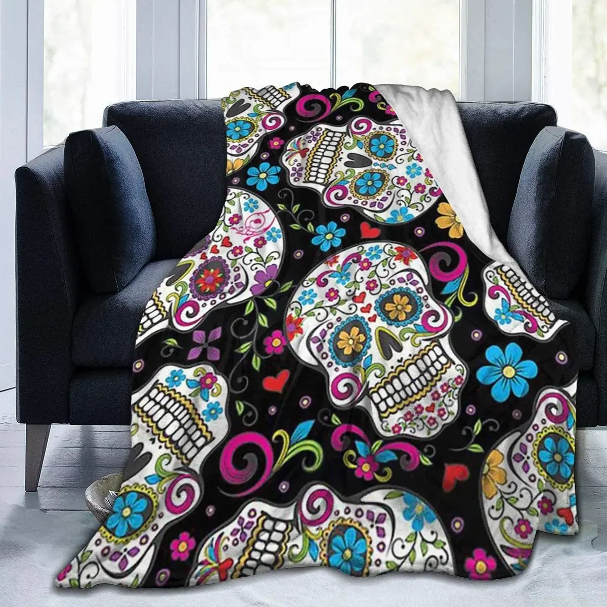

Sugar Skull Flannel Throw Blanket Ultra Soft Warm Cozy for Women Baby Men Bedding Couch Gifts Lightweight Colourful Home Decor