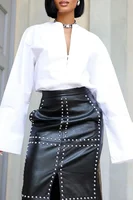 Women's Faux Leather Pencil Skirt Glamorous High Waisted Black with Studded Detailing and Side Slit  Edgy Chic Fashion Skirts - Image 3