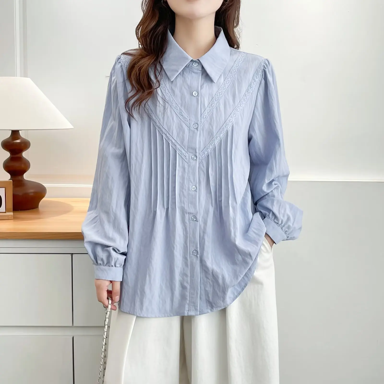 XXXXL Fashion Plus Size Women's Blouses Autumn New Style Simple Lace Puff Long Sleeved Shirt 8093