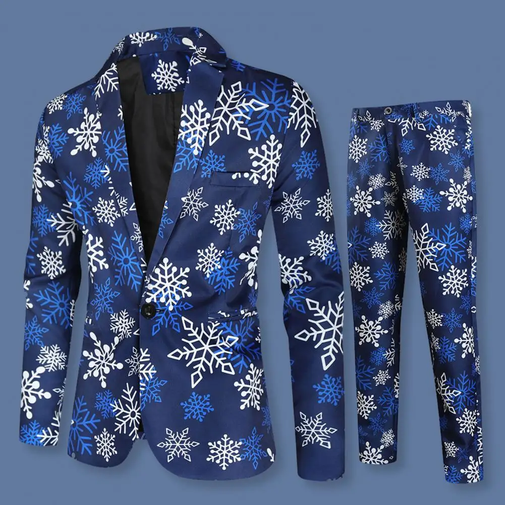 Men Jacket Pants Suit Cartoon Santa Snowflake Print Men Jacket Trousers Set 2 Pcs/Set New Year Party Coat Trousers Set