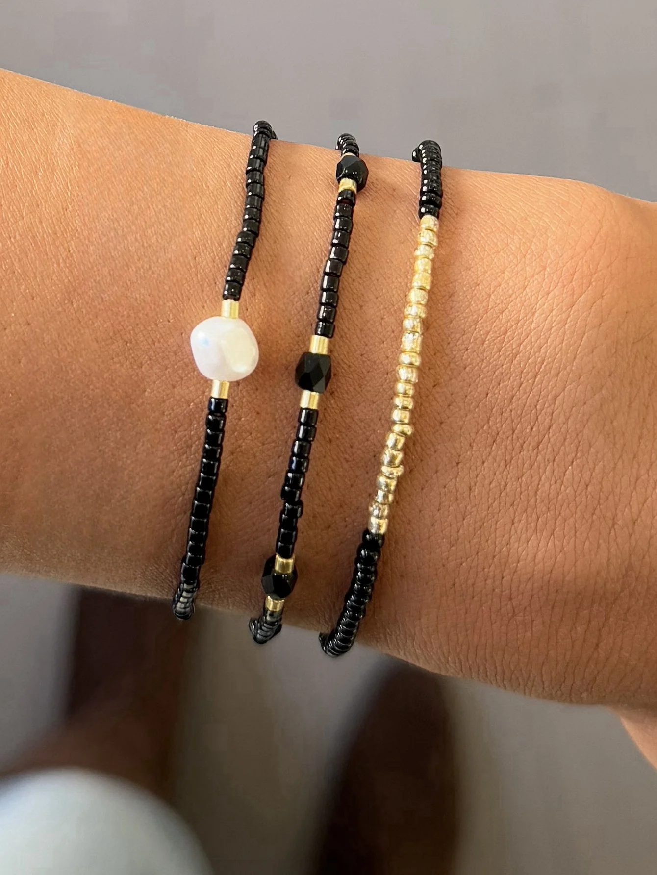 3PCS Bohemian Black Glass Bead Imitation Pearl Stacked Elastic Bracelet
