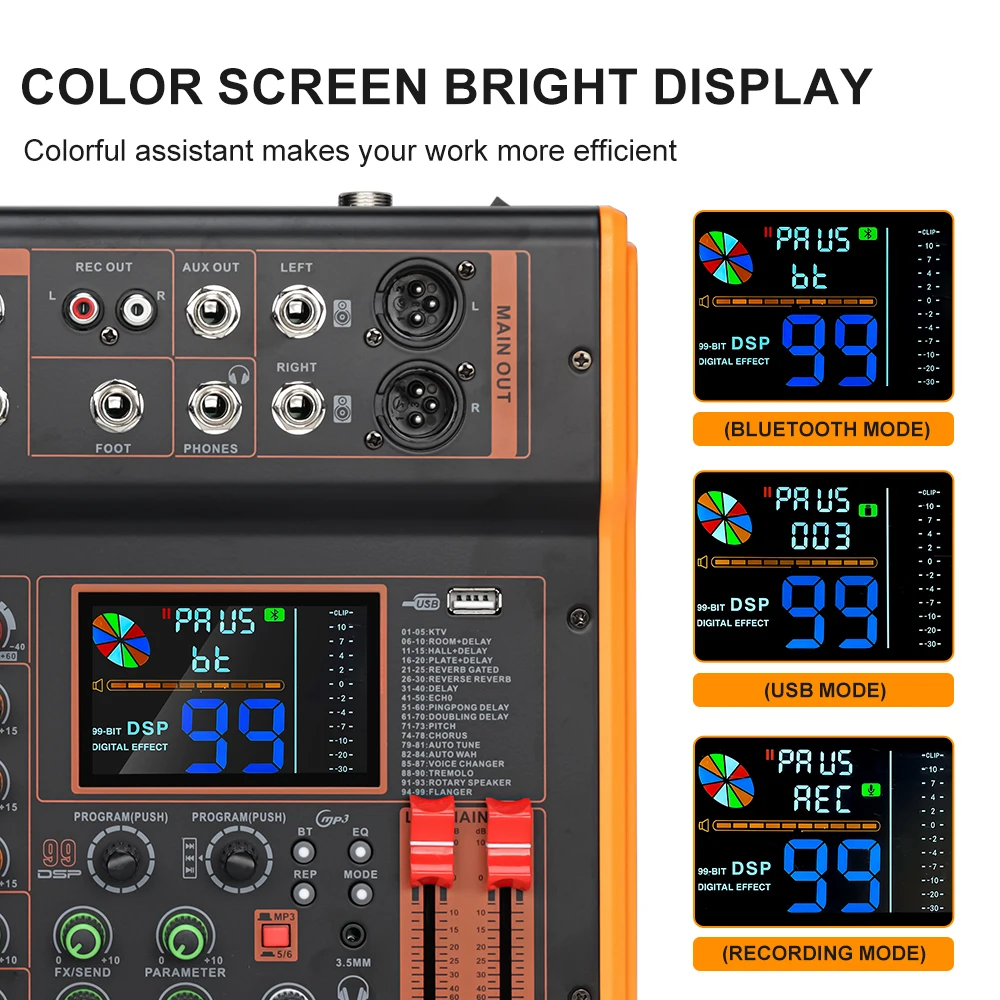 LEUS BOS4/6 Channel 99 DSP Effect Audio Mixer Record PC 48V Phantom Power USB Sound Mixers Bluetooth DJ Console Mixing for Karaoke