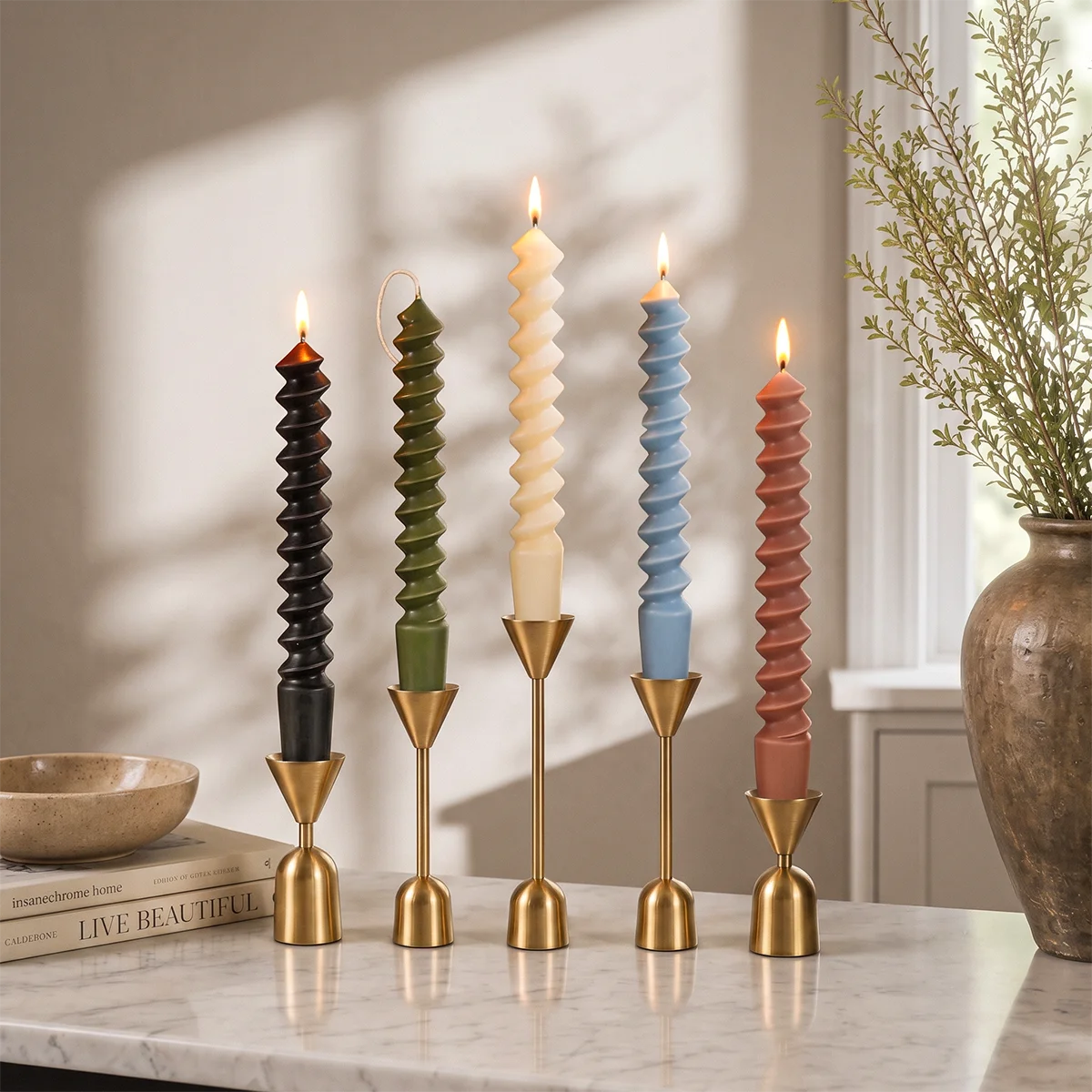 Flameless Taper Candles - Dripless Soy Wax Dinner Decor 25cm Spiral Decorative Candles Twisted Colored Candles Wedding Table Long Candles for Chandeliers 1