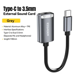 Essager USB Sound Card: External Audio Adapter for Earphones, Microphones, and Speakers (Type C to Dual 3.5mm)