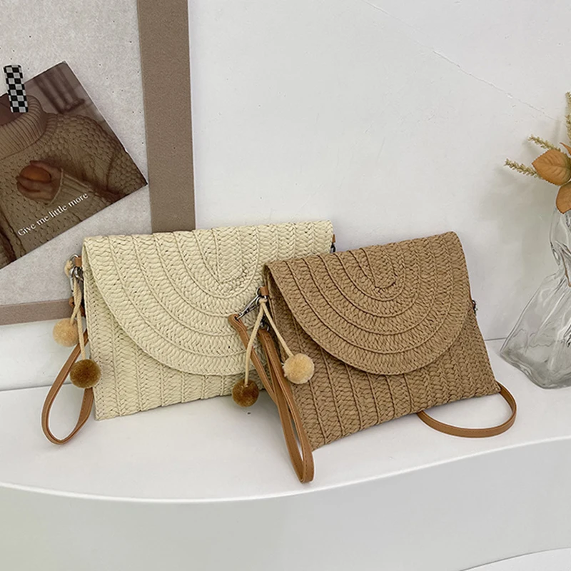 Summer Beach Straw Crossbody Bag with Cute Ball Pendant for Women Casual Wicker Shoulder Clutch Purse Travel Handbag Ladies