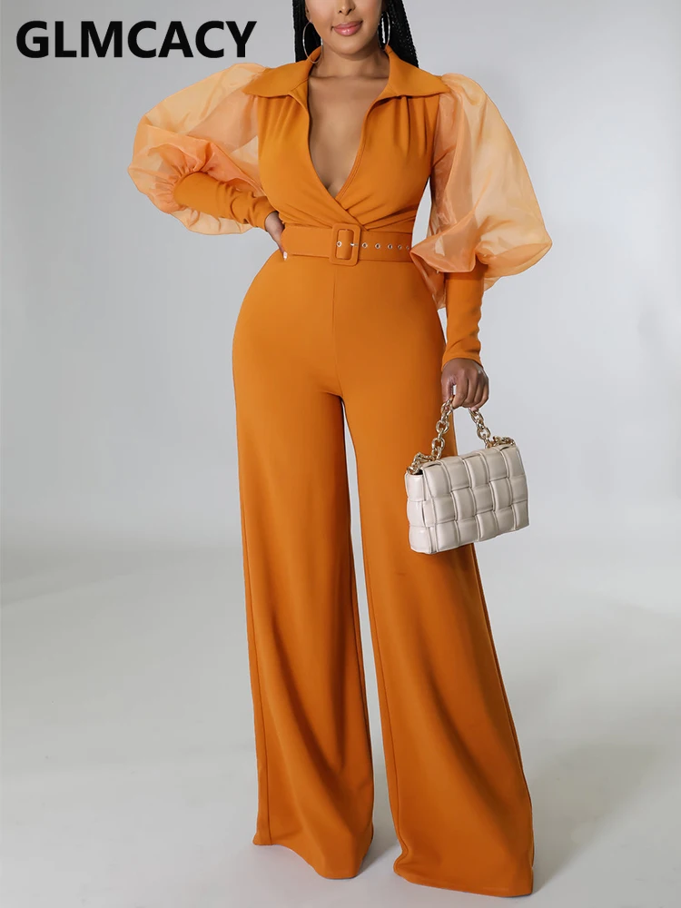 

Women Mesh Puff Sleeve V Neck Elegant Jumpsuit Casual Belt Slim Overalls