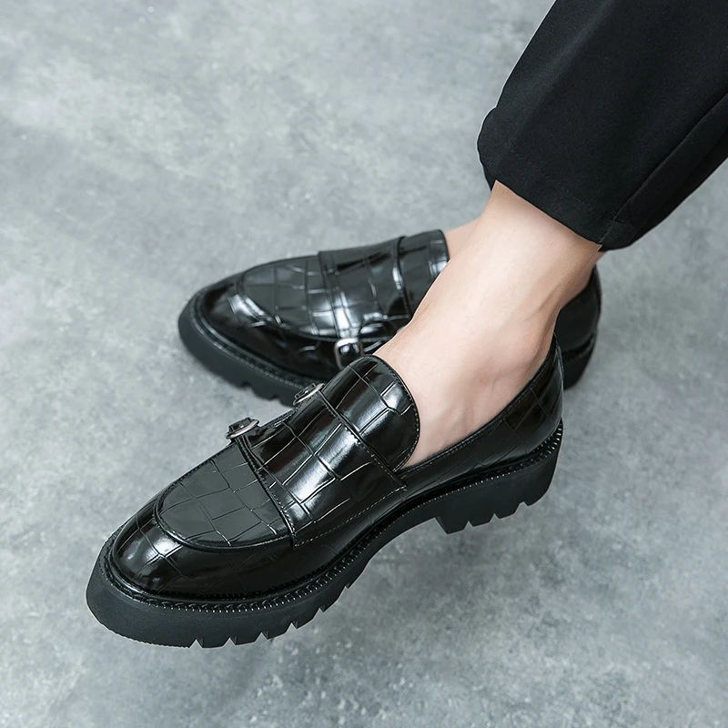 Leather Shoes English Style Double Button Loafers Mens Fashion Handmade Thick Bottom Loafers Man Party Wedding Shoes Spring Soft Moccasins
