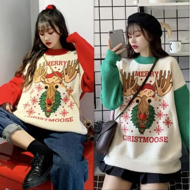 

Корейский Рождественский контрастный свитер для женщин Свободный вязаный пуловер со снежинками