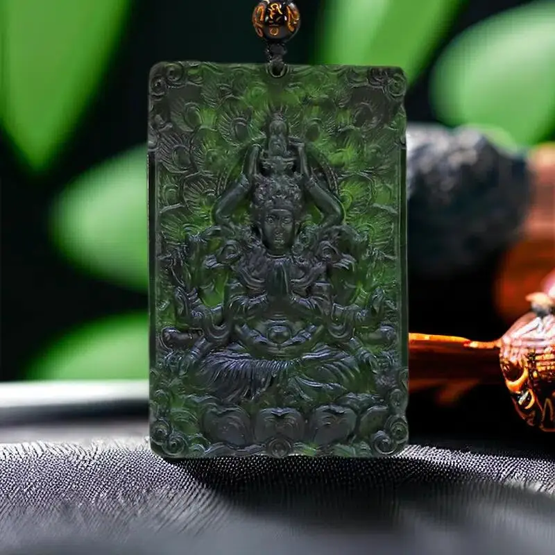 

Natural Real Jade Guanyin Pendant Black Necklace Chinese Charm Gifts for Women Men Carved Jewelry Amulet Designer Fashion