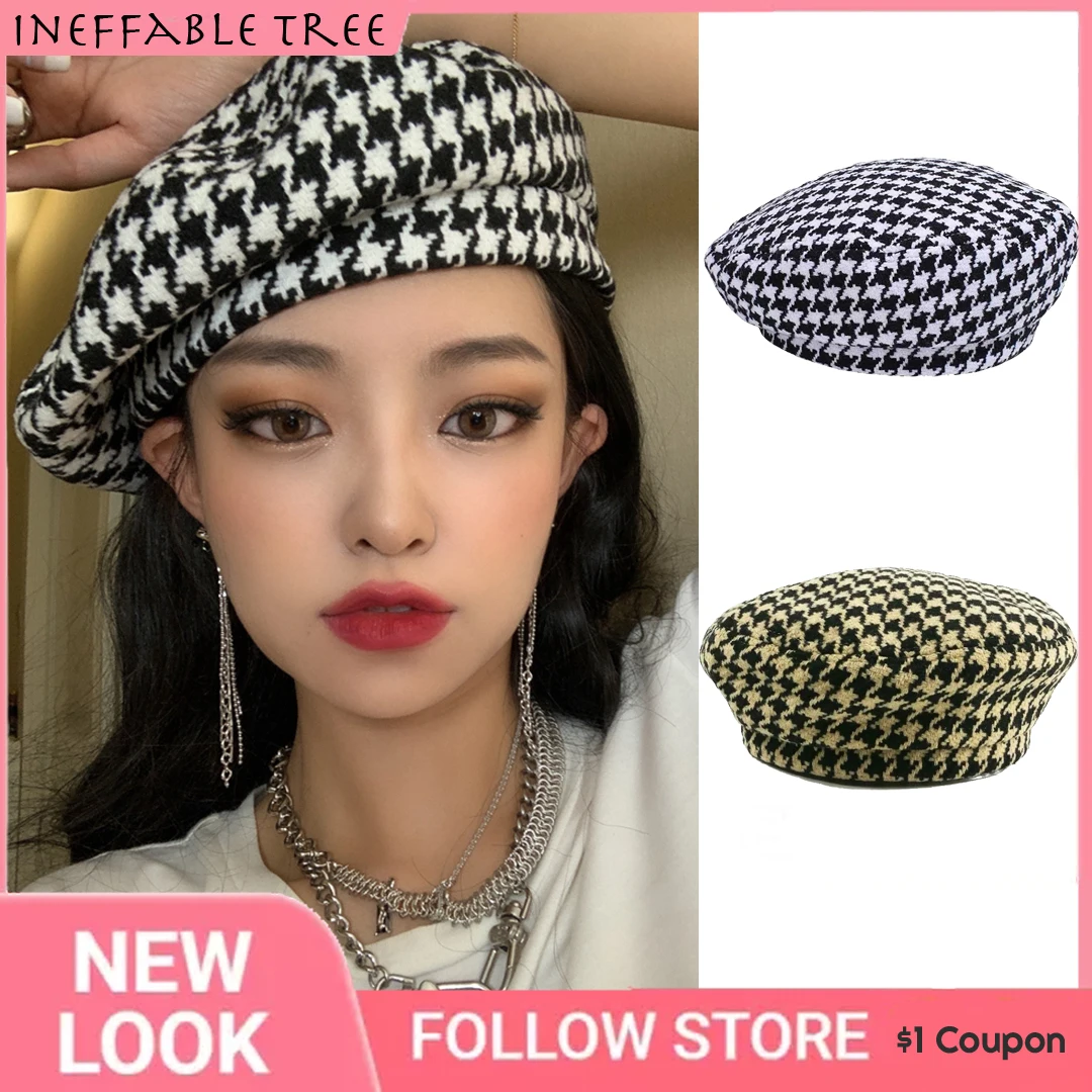 Korea Autumn Winter Plaid Women Berets Fashion Black Beret Knit Femal Flat Caps France Hats