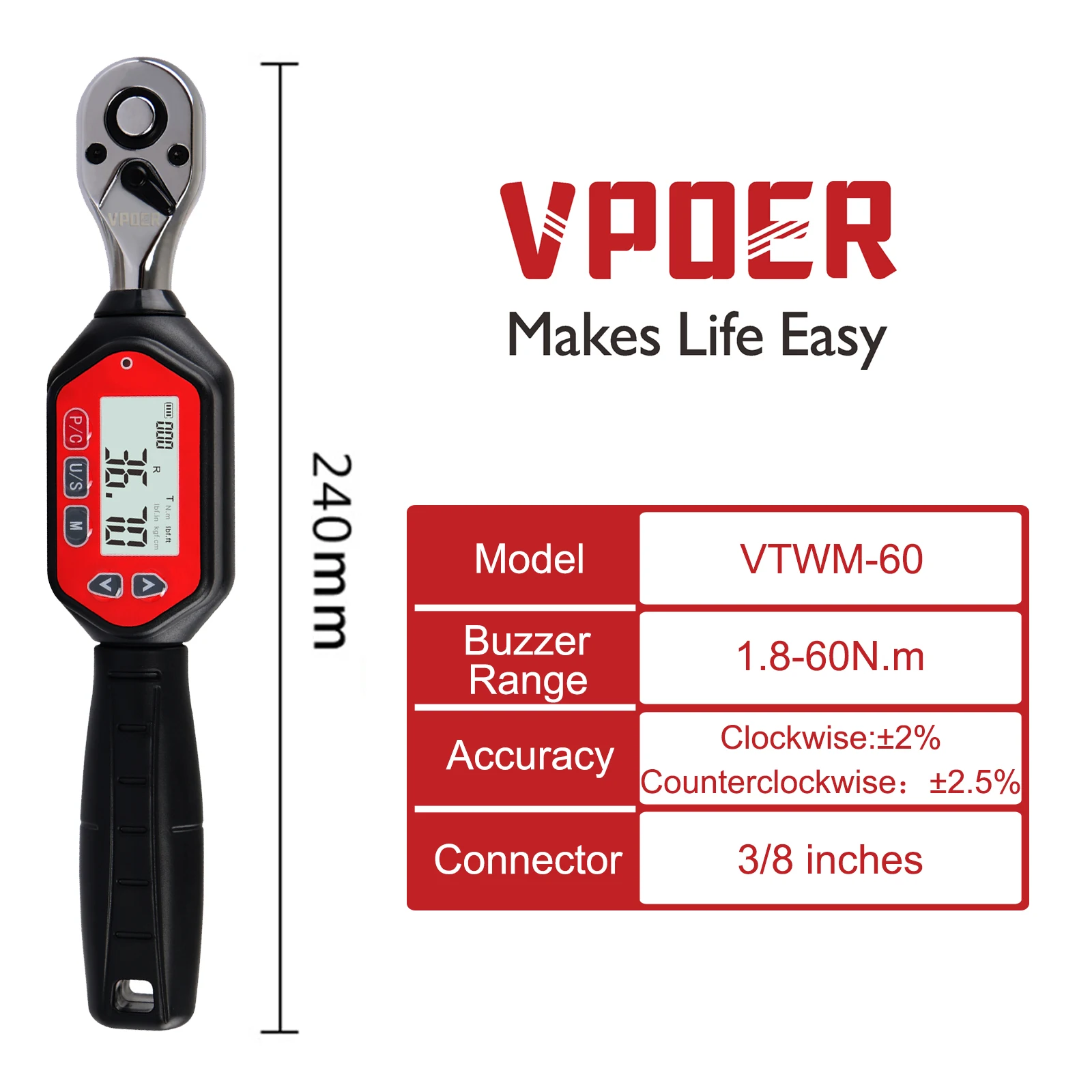 WADFOW 3/8 Preset Torque Wrench 10-60N.m 12