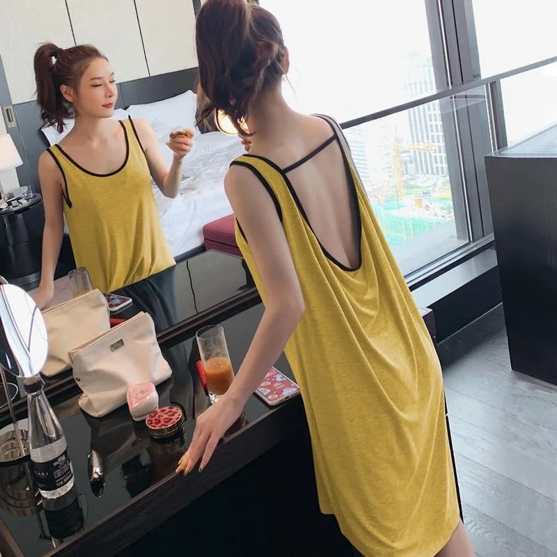 Solid color sleeveless Large size nightdress female In the summer loose sweet sundress suspenders Pajamas thin sexy sleepwear