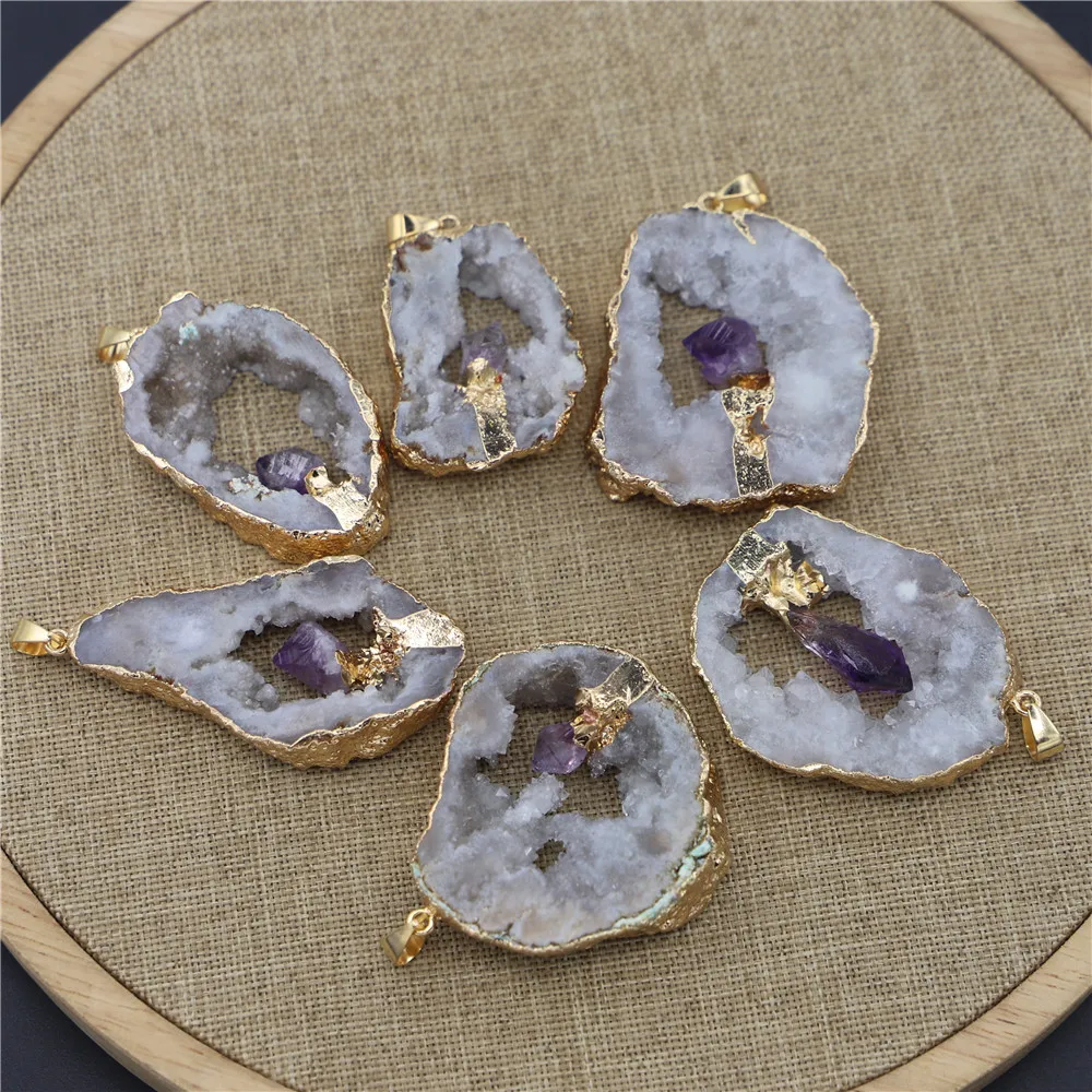 6PCS Hot Geode Stone Agates Healing Slice Pendants Charms Inlaid Natural Amethysts Point Irregular Elegant Quartz Jewelry Making
