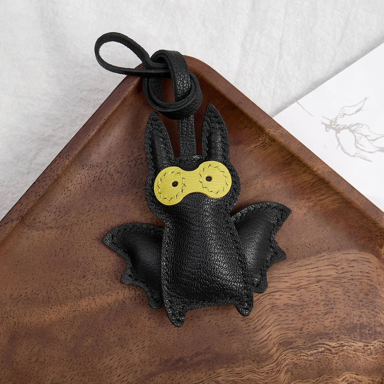 Bat leather bag charm side detail