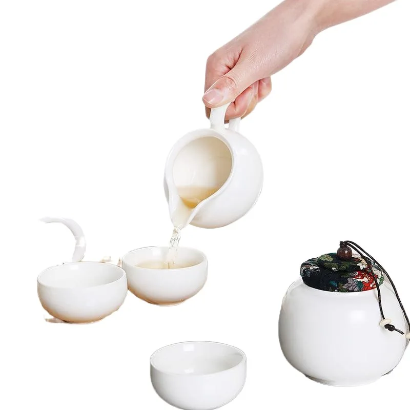 Ding ware travel tea set suit car portable ceramic complete set kung fu tea one pot four cups customizable