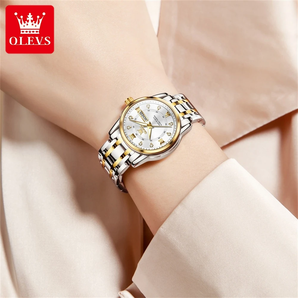 OLEVS Luxury Watch for Women Elegant Stainless Steel Women's Watches Dual Calendar Waterproof Luminous Ladies Dress Wristwatches