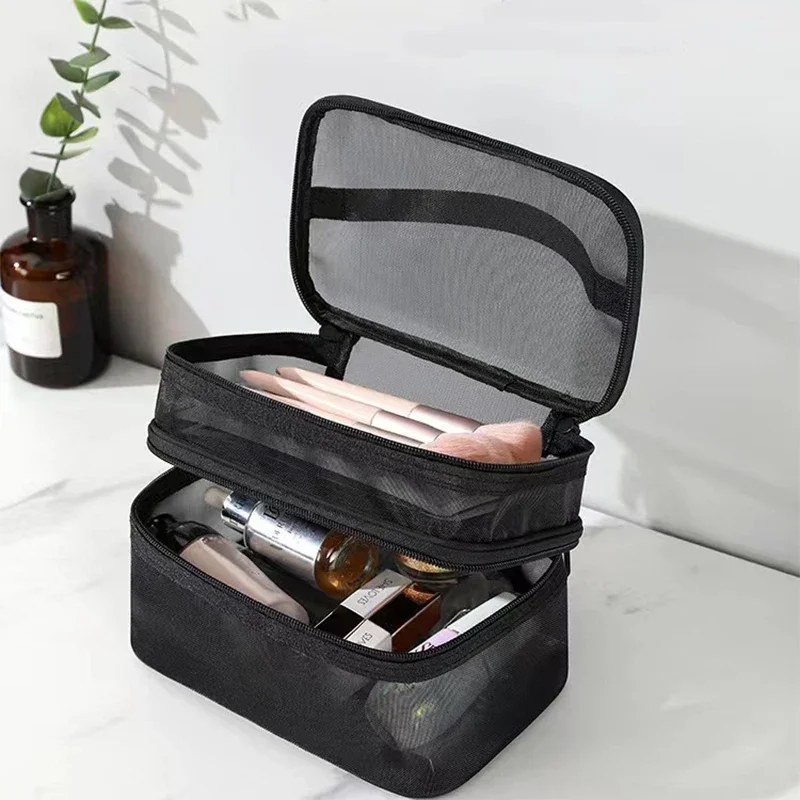Portable Double Layer Mesh Cosmetic Bag Women Pink Make Up Case Big Capacity Travel Zipper Makeup Organizer Toiletry Storage Box 3