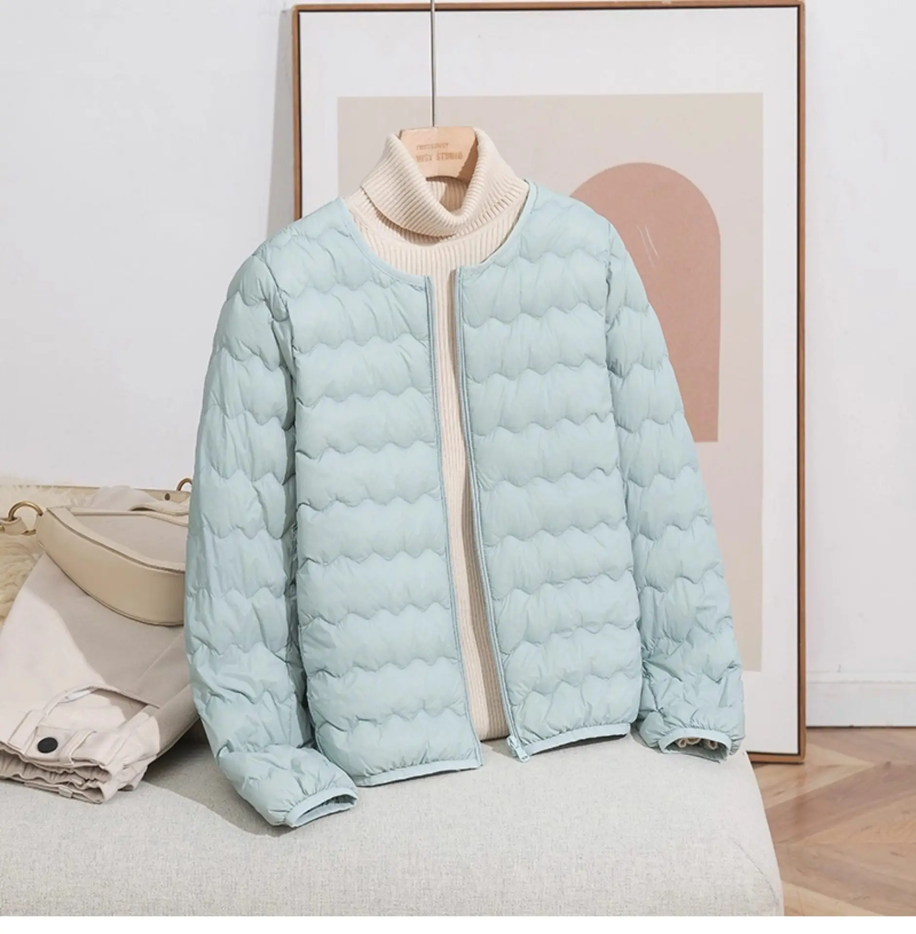 LANMREM Women Crew Neck Lightweight Short Down Jacket Wave Quilted Zipper Closure Portable Inner Wear Puffer Outerwear Coat