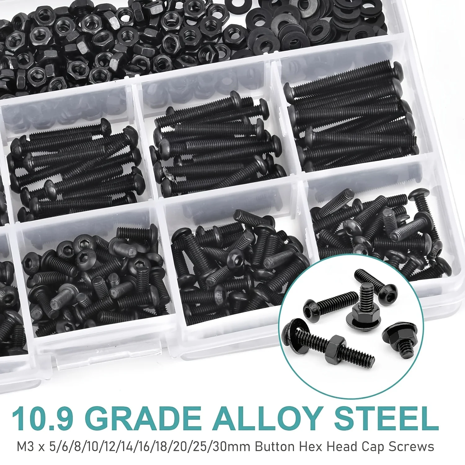 700PCS M3 x 5/6/8/10/12/14/16/18/20/25/30mm Button Hex Head Cap Screws M3 Metric Machine Screws Bolts Nuts Washer