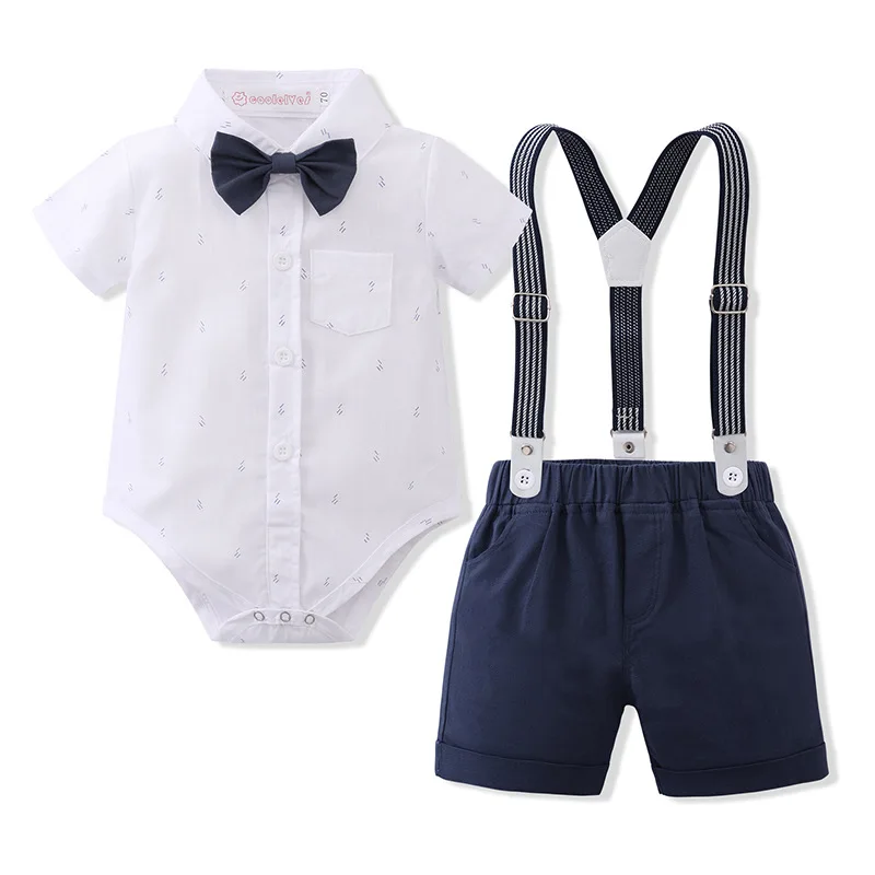 2022 Summer New Children&s Clothing Sets Thin Two-piece Short-sleeved Bowtie Shirt Romper+Suspenders Shorts Clothes 3159