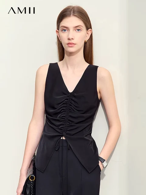 Amii Minimalism 2024 Women Tanks Camis Summer New Commuter V Neck Draw Pleated Strap Slim Slit.jpg