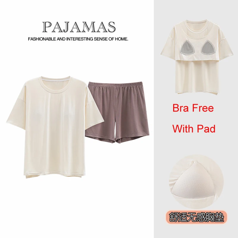 Modal Pajama Sets For Women Summer Short Sleepwear with Bra Pads Female Home Service Casual Loungewear Pjs Mujer Freeship