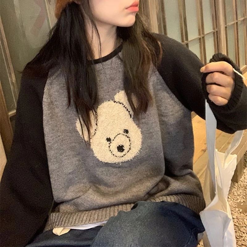 Y2K Estetico Vintage Ricamo Orso Maglioni Patchwork Pullover Lavorato A Maglia Sciolto Harajuku Casual Carino Pull Jumpers High-End Chic