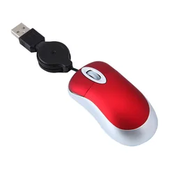 Compact Wired 3-Button Mouse with Retractable USB Cable - Adjustable for Gaming and Office Use (Red)
