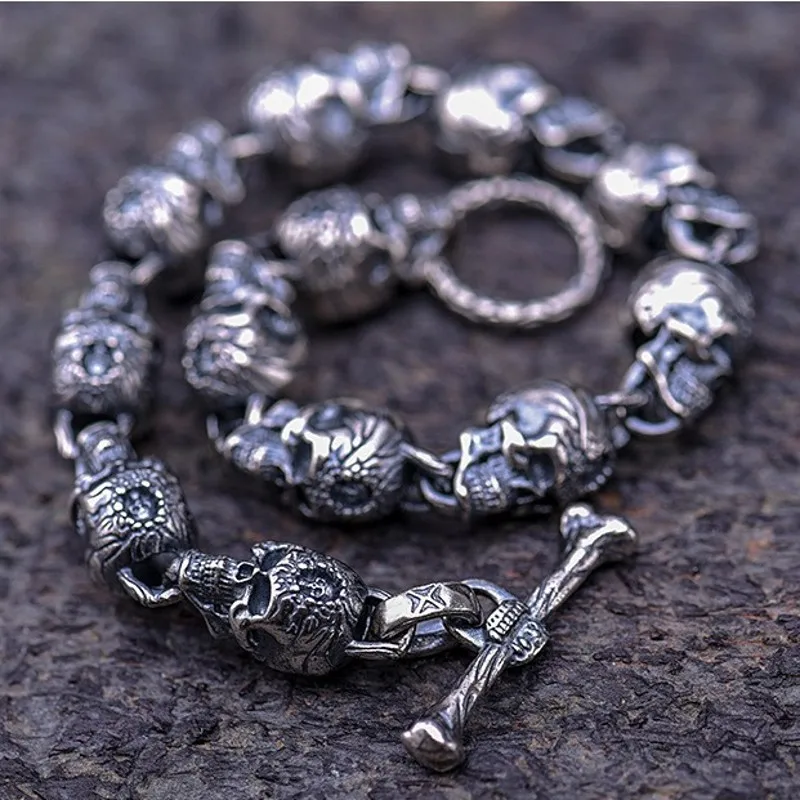 BOCAI Real S925 Silver Skull Bracelet for Men Detachable