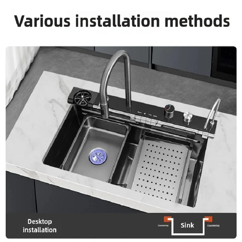 Stainless Steel Kitchen Sink Waterfall Faucet Large Single Sink Intelligent Dishwasher Digital Display and Light Effects