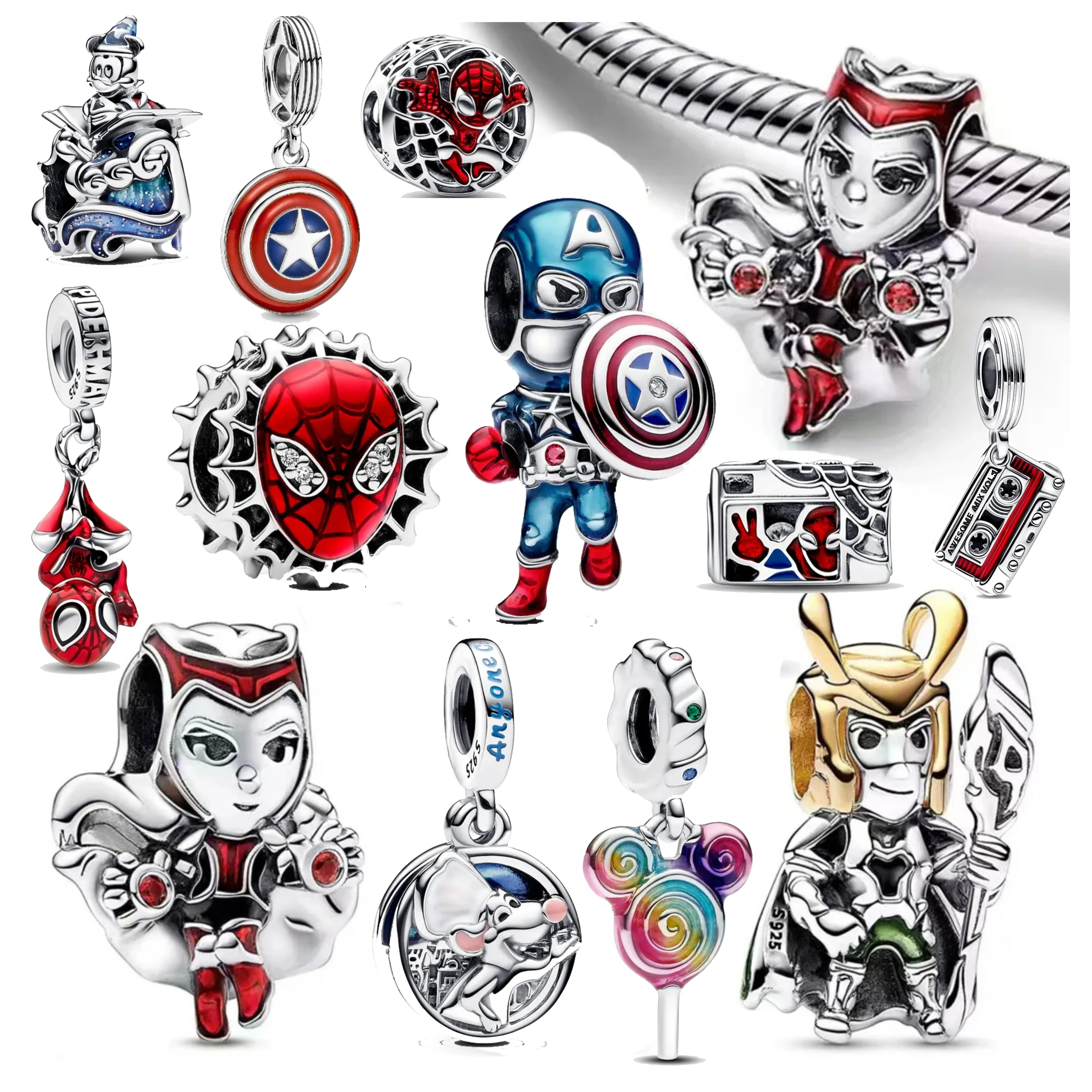 

Disney 925 Sterling Silver Marvel Charm Spider Captain Pendant for Original Pandora Bracelets Hero Movie Fan Beads DIY Jewelry