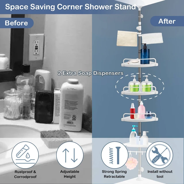 Shower Corner Caddy Organizer Rustproof Shower Caddy Corner for Bathroom 4  Adjustable Shelves with Tension Pole for Bathroom Accessories