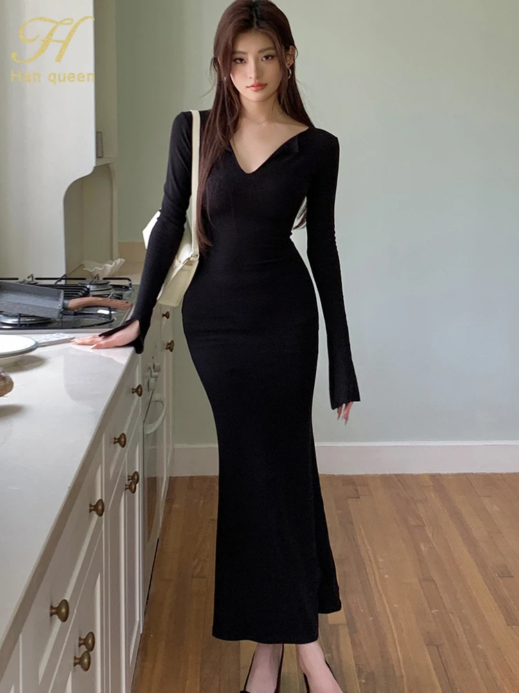 H Han Queen Sexy Black V-neck Mermaid Sheath Bodycon Pencil Dress Bottoming  Simple Wrap Hips Elastic Party Casual Long Dresses - AliExpress 200000345