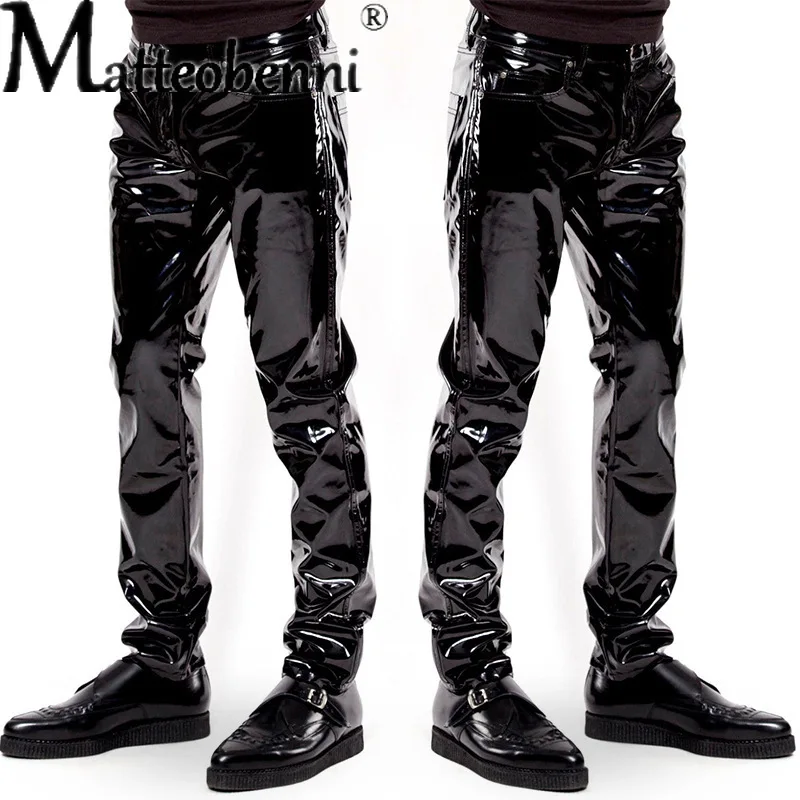

Men's Patent Leather Wet Look Long Pants Nightclub Tight Trousers Leggings Men Black Vinyl Pants Sexy Lingerie Latex Catsuit