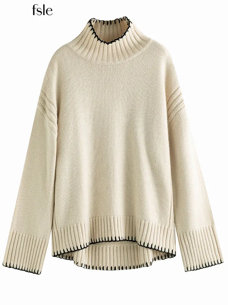 

FSLE Contrast Line Design Women Turtleneck Thermal Sweater 28.5% Wool Winter New Beige Commuter Casual Women Pullover Sweaters