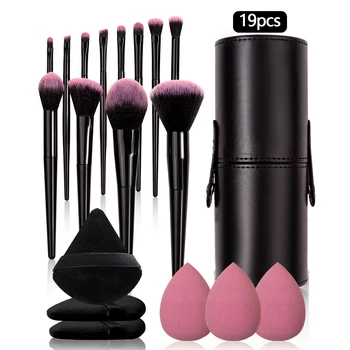 19PCS set of 12 makeup brush sets +3pcs triangular powder puff +3pcs non-powder makeup egg +1pcs makeup brush storage bucket 1