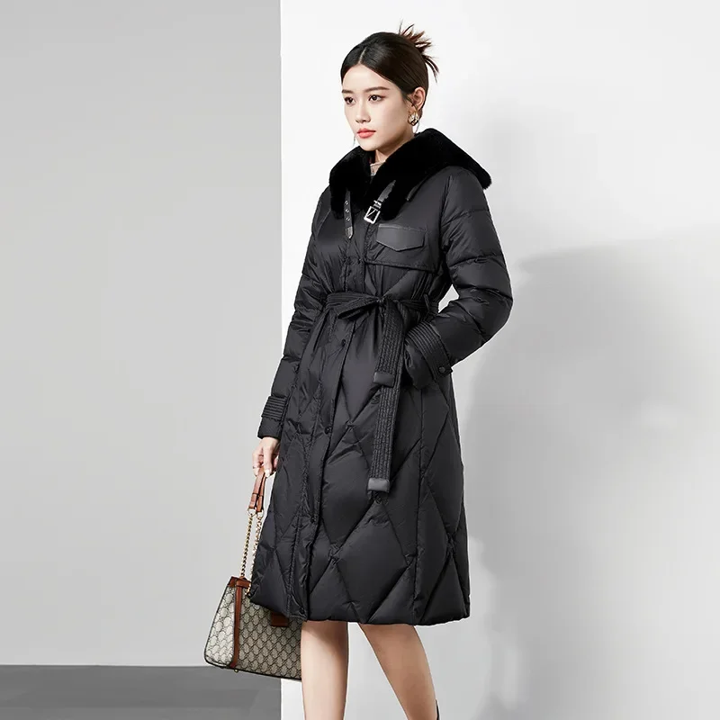 Down jacket white duck down 2023 winter fashion mid length high-end plush collar new waistband women's down jacket