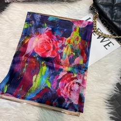 Elegant Orange and Blue 100% Mulberry Silk Floral Scarf - Versatile Summer Wrap/Shawl (Blue pink)
