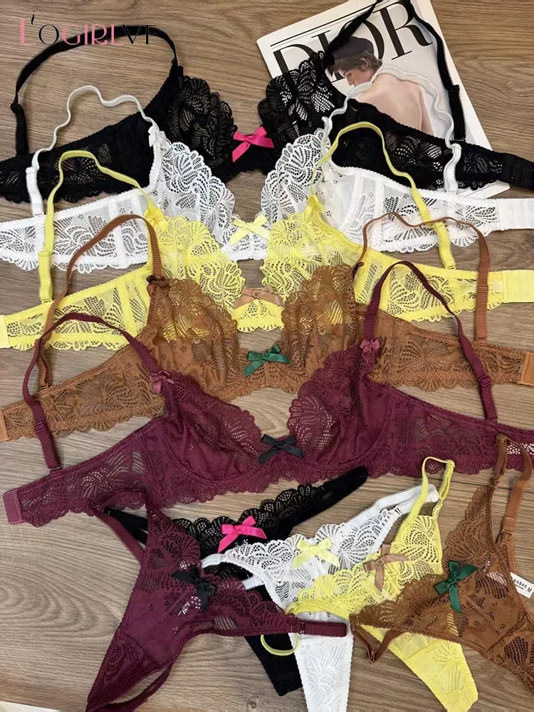 Logirlve French Sexy Women Underwear Set Ultra Thin Lace Embroidery Bra Set Comfort Breathable Brassiere and T-back Lingerie Set 2
