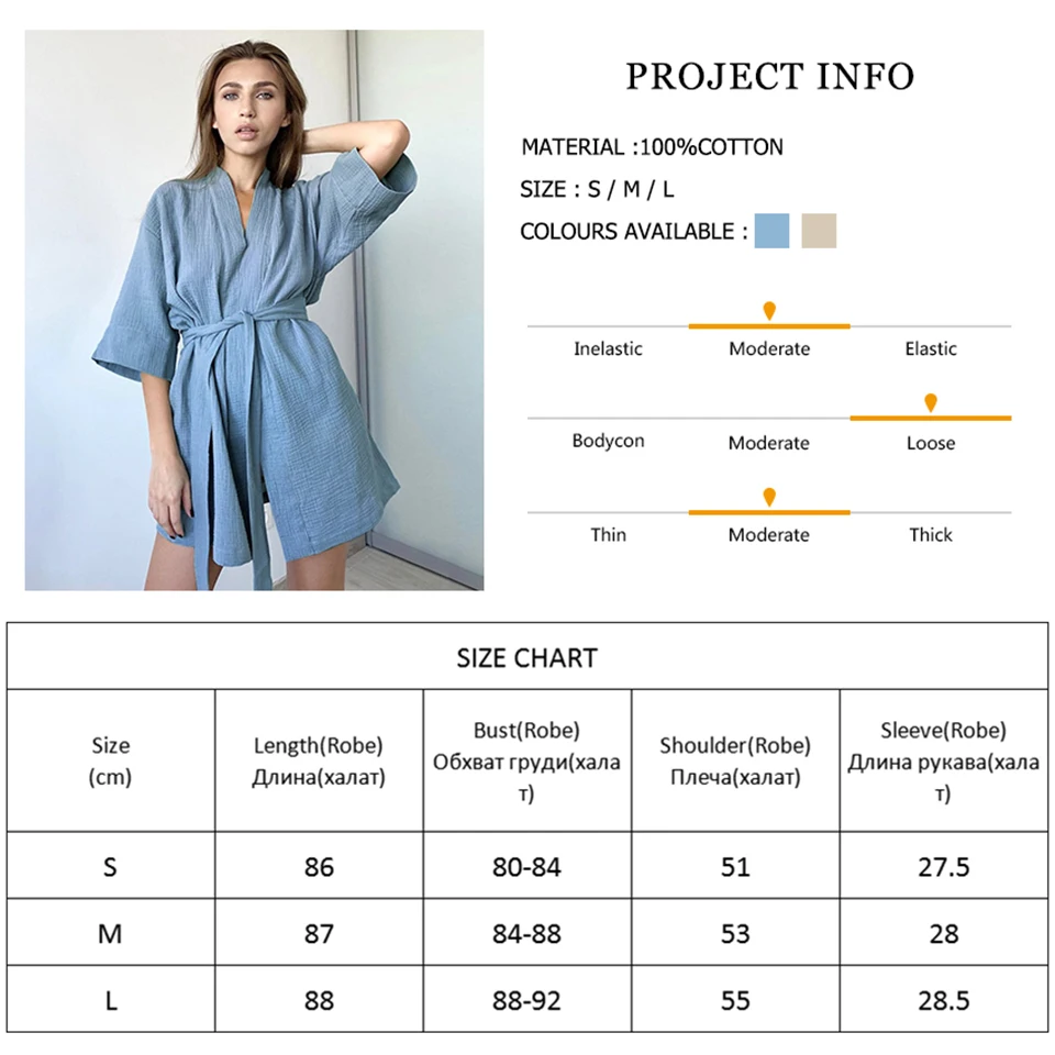 Women Crape Cotton Robe Nightwear Mini Bathrobe Lace Up