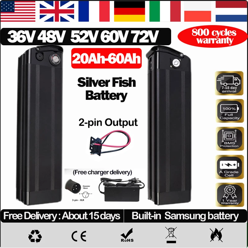 Electric Bike Battery 48v 36v 52v 60v 72v SilverFish 48v60ah Electric Bike 15 20ah 50ah 60ah ebike battery 250w-3000w Bateria 30AH 40ah shark battery