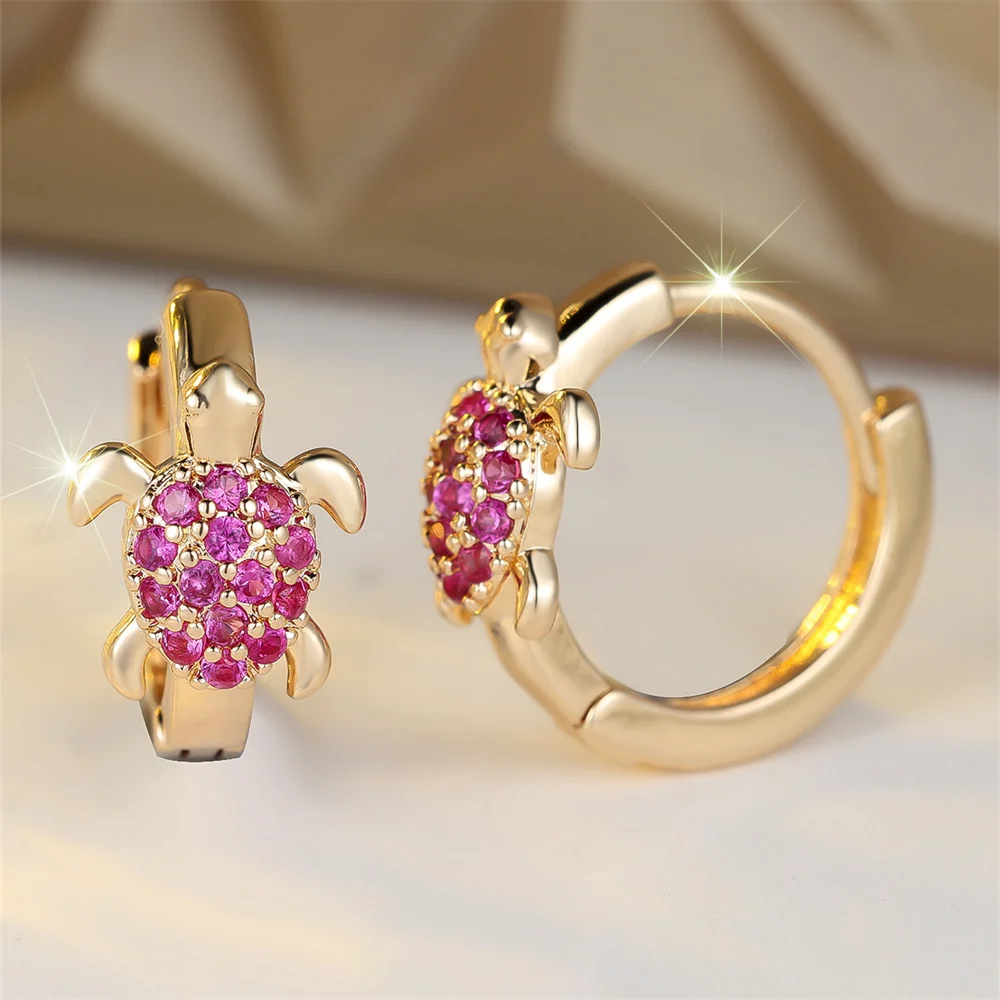 Cute Sea Turtle Rose Red Zircon Hoop Earrings For Women Vintage Gold Color Small Ear Buckle Wedding Jewelry Mother's Day Gifts