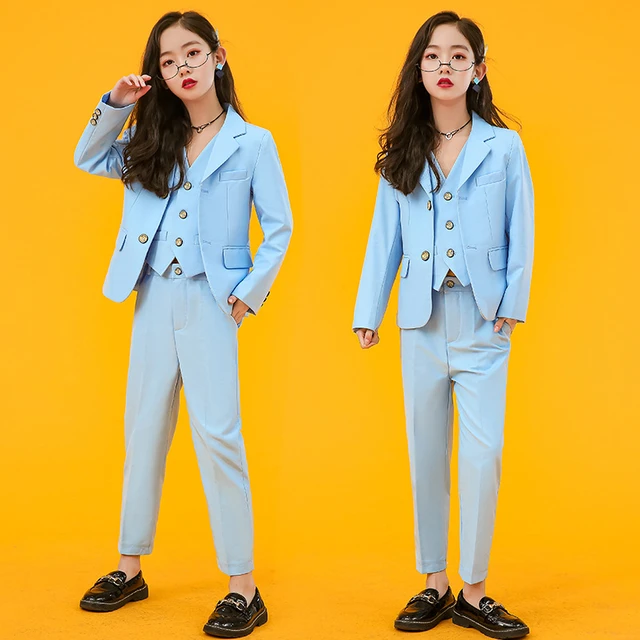 Girls Solid Color Suits Set Children Fashion Host Catwalk Show Costume Kids  Blue Blazer Vest Pants