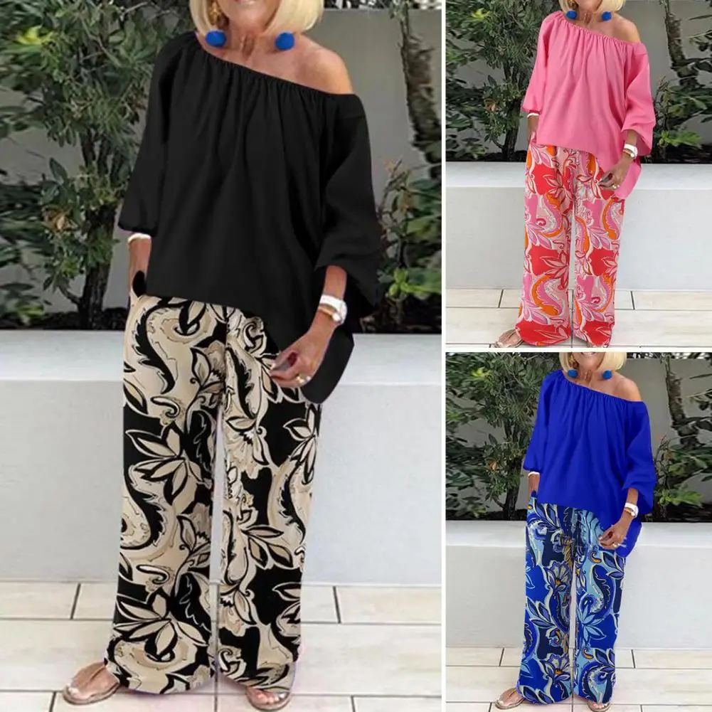 2Pcs Women Tops Pants Set Solid Color Top Long Sleeves Blouse Loose Elastic Floral Print Wide Leg Trousers Suit Female Clothes elegant suits for men 3 4 sleeves pocket top trousers african ethnic casual traditional wear gentleman fashion 2pcs suit outfits