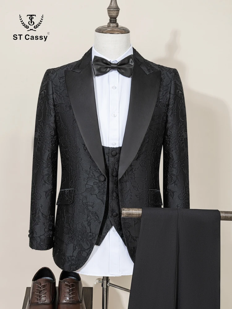 ST Cassy Retro carving Party Dress Slim Fit Tuxedo Prom Suit Fashion black Male Groom Wedding three-piece mens suit