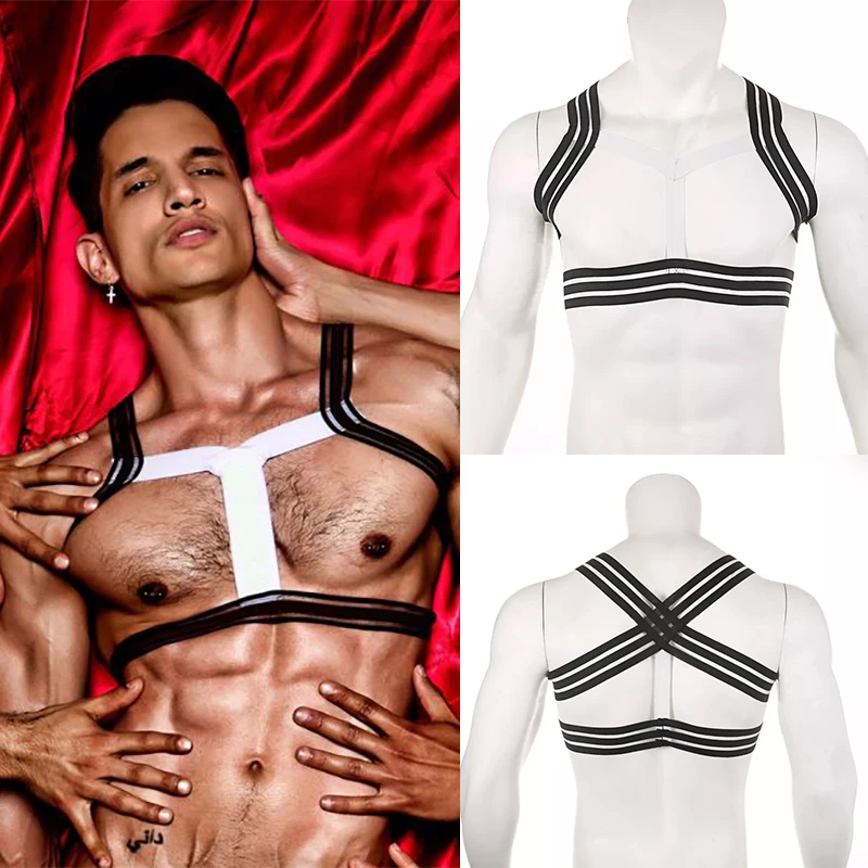 

Сексуальный мужской эластичный нагрудный ремень лоскутный Бодибилдинг Фитнес боди ремни жилет Фетиш эротический костюм майки короткий топ Клубная одежда